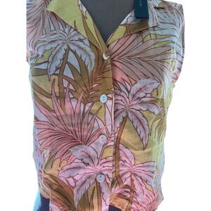 Tropical‎ Floral linen sleeveless button up collar lightweight SMALL collar NWT
